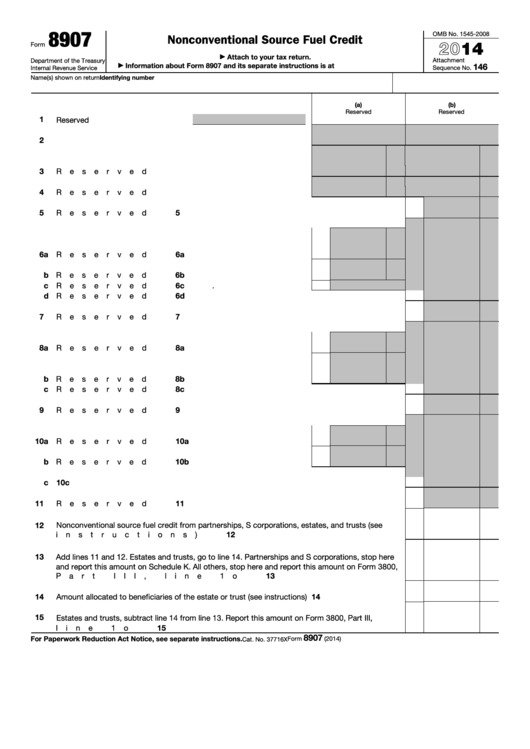 Fillable Form 8907 - Nonconventional Source Fuel Credit - 2014 Printable pdf