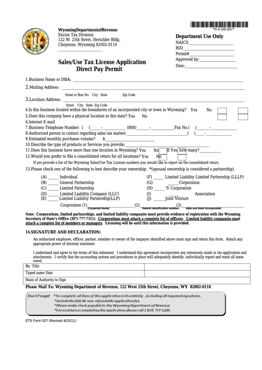 Form 027 - Wyoming Sales/use Tax License Application Direct Pay Permit Printable pdf