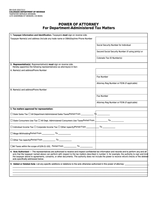 Fillable Form Dr 0145 - Colorado Power Of Attorney For Department-Administered Tax Matters Printable pdf