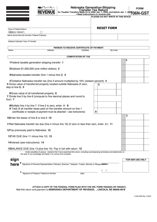Fillable Form 706n-Gst - Nebraska Generation-Skipping Transfer Tax Return Printable pdf
