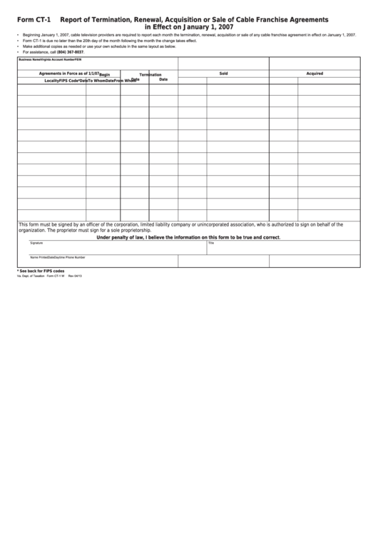 Fillable Form Ct-1 - Virginia Report Of Termination, Renewal, Acquisition Or Sale Of Cable Franchise Agreements In Effect On January 1, 2007 Printable pdf