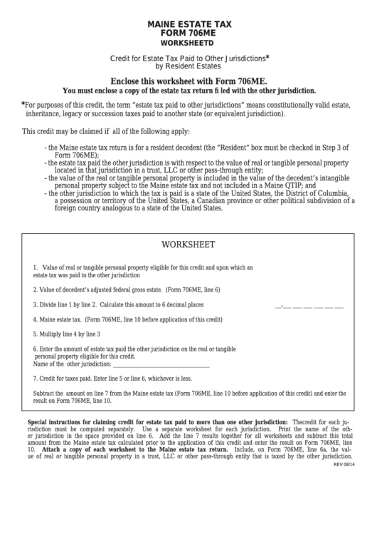 Fillable Form 706me (Worksheet D) - Maine Estate Tax Printable pdf