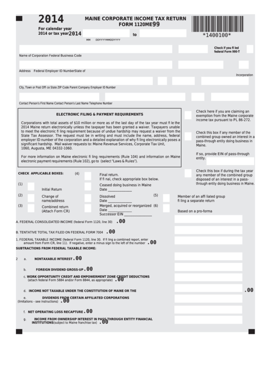 Fillable Form 1120me - Maine Corporate Income Tax Return - 2014 Printable pdf