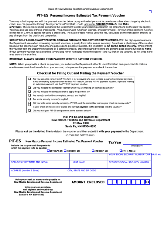 Form Pit-Es - New Mexico Personal Income Estimated Tax Payment Voucher Printable pdf