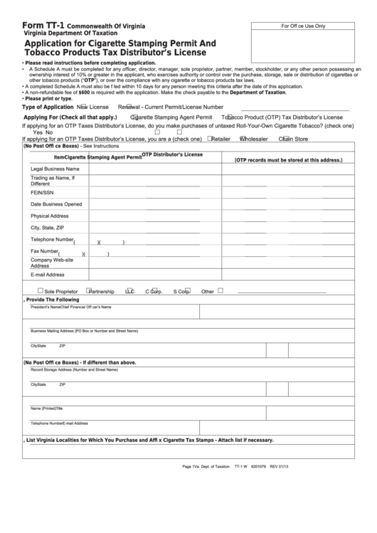 Fillable Form Tt-1 - Virginia Application For Cigarette Stamping Permit And Tobacco Products Tax Distributor