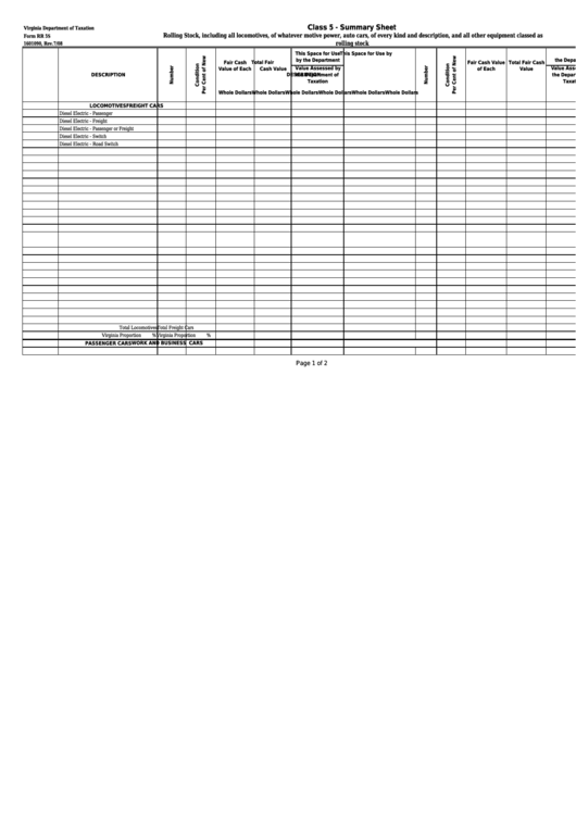 Fillable Form Rr 5s - Virginia Class 5 Summary Sheet Printable pdf