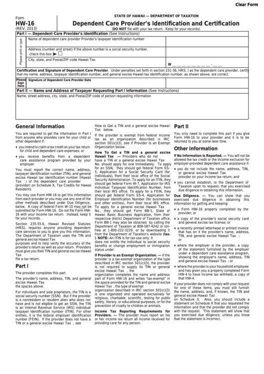Fillable Form Hw-16 - Hawaii Dependent Care Provider