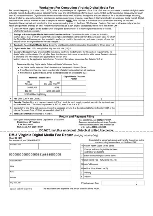 Fillable Form Dm-1 - Virginia Digital Media Fee Return Printable pdf