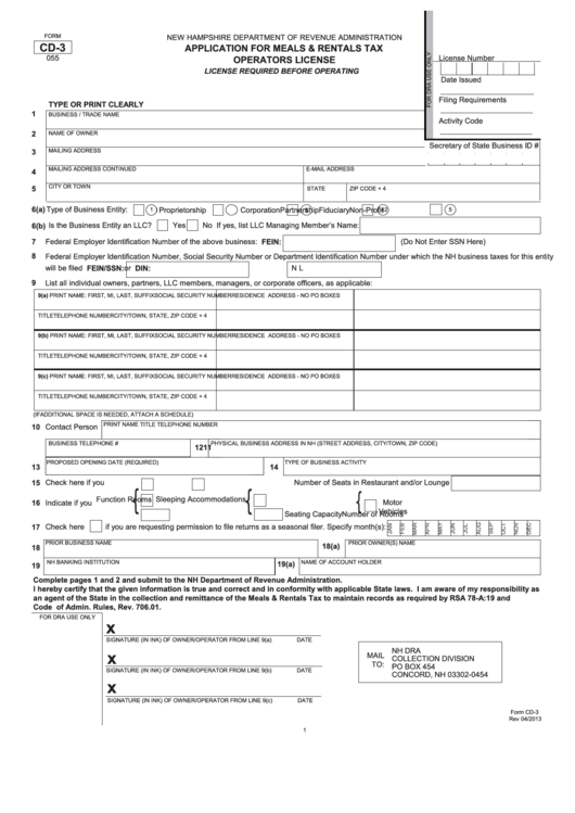 Fillable Form Cd-3 - New Hampshire Application For Meals & Rentals Tax Operators License Printable pdf