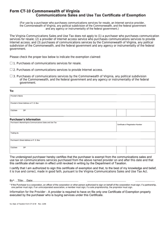 Fillable Form Ct-10 - Virginia Communications Sales And Use Tax Certificate Of Exemption Printable pdf