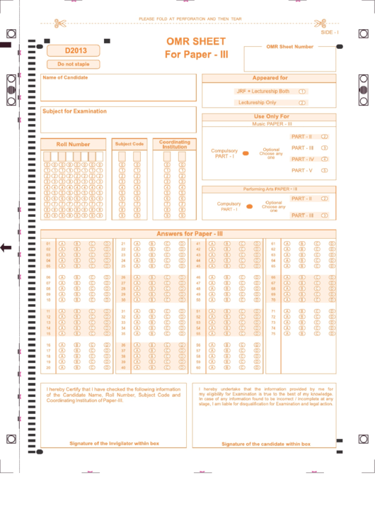 Omr Answer Sheet Template For Paper Iii Printable pdf