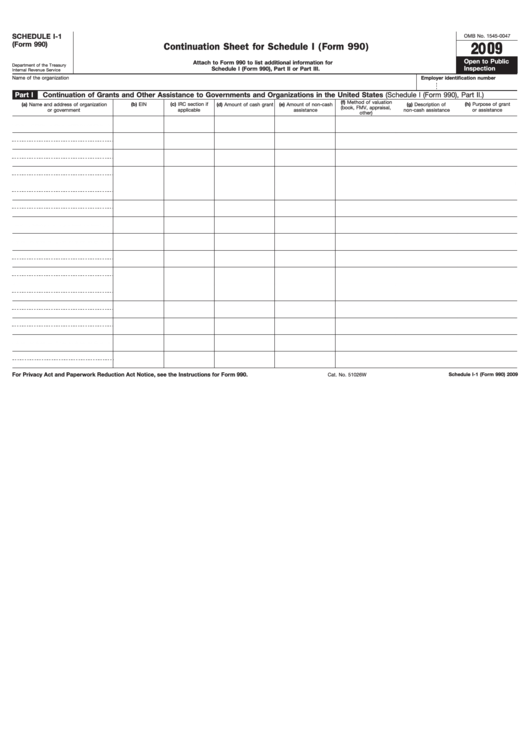 Fillable Schedule I-1 (Form 990) - Continuation Sheet For Schedule I (Form 990) - 2009 Printable pdf