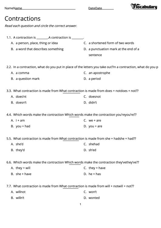 Contractions English Worksheet Printable pdf