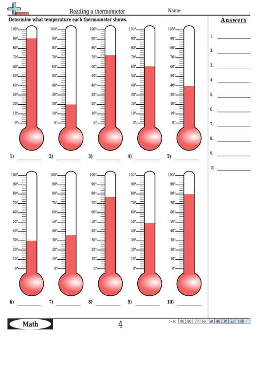 Reading A Thermometer Worksheet Template With Answer Key Printable pdf