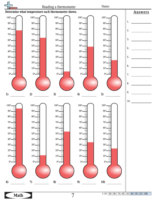 Reading A Thermometer Worksheet Template With Answer Key printable pdf