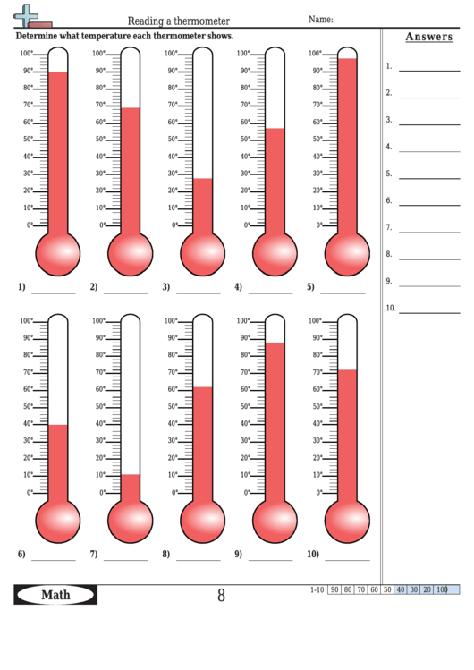 Reading A Thermometer Worksheet Template With Answer Key Printable pdf