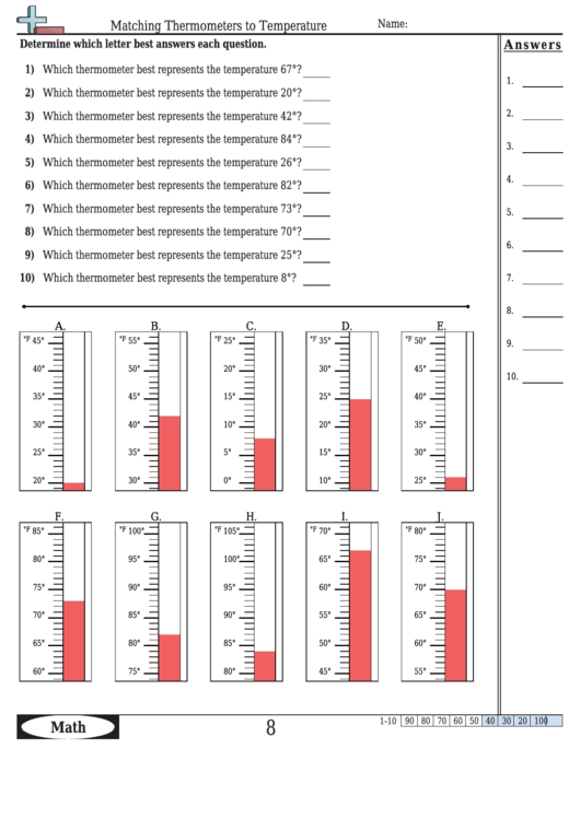 Matching Thermometers To Temperature Worksheet Template With Answer Key Printable pdf