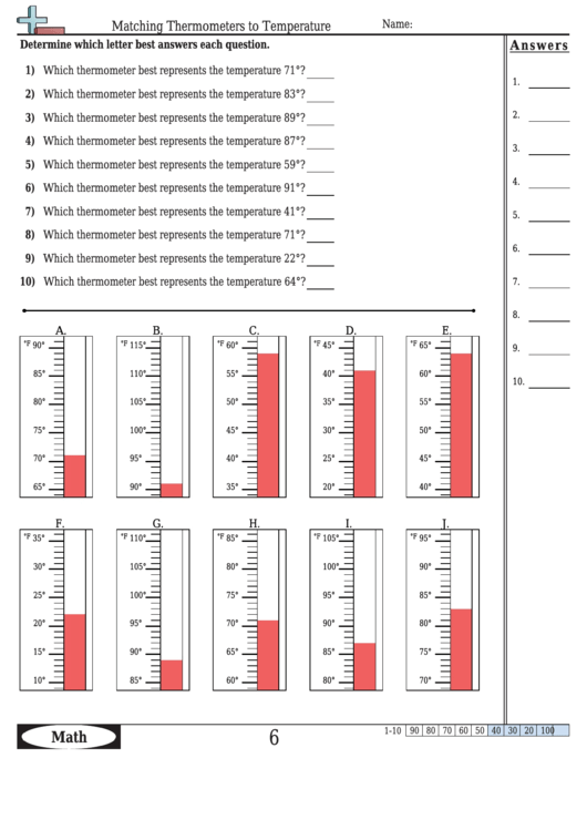 Matching Thermometers To Temperature Worksheet Template With Answer Key Printable pdf