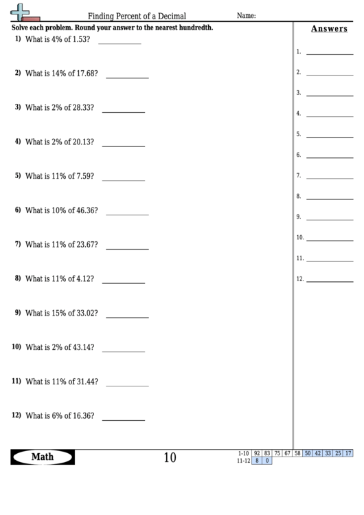 Finding Percent Of A Decimal Worksheet Template With Answer Key Printable pdf