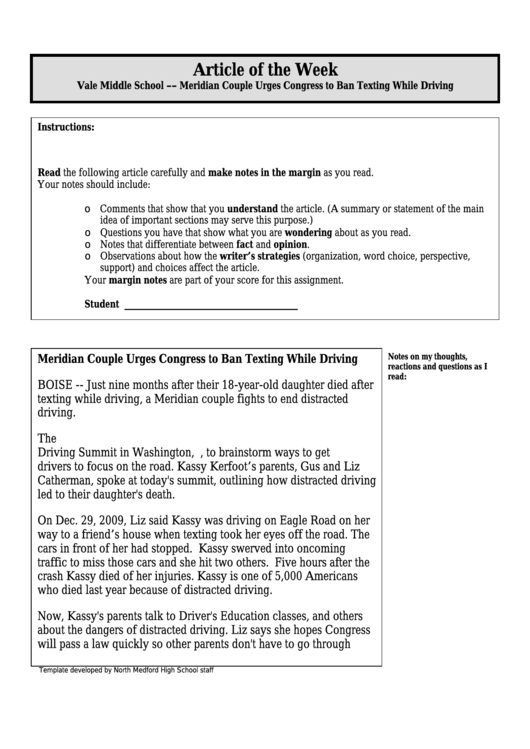 Meridian Couple Urges Congress To Ban Texting While Driving - Article Of The Week Middle School Worksheet Printable pdf