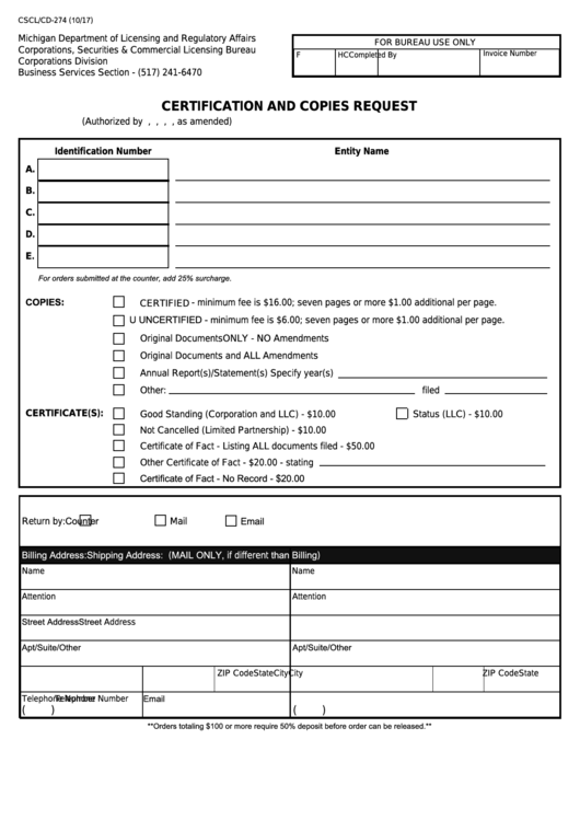 Fillable Form Cscl/cd-274 - Certification And Copies Request Printable pdf