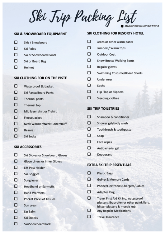 Ski Trip Packing List Printable pdf