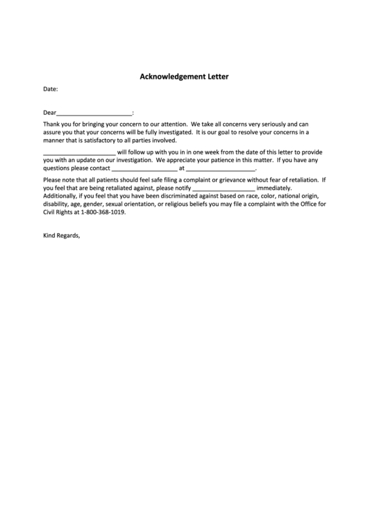 Acknowledgement Letter Printable pdf