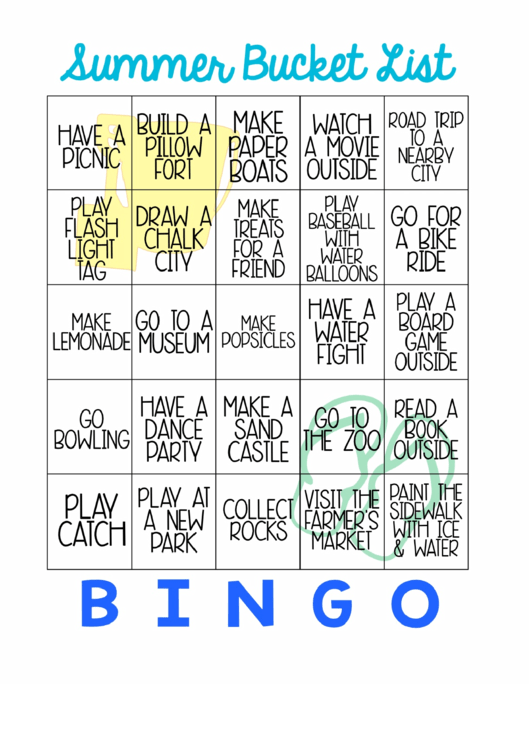 Summer Bucket List Bingo Template Printable pdf