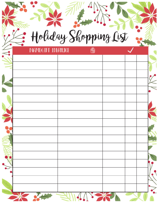 Holiday Shopping List Template Printable pdf