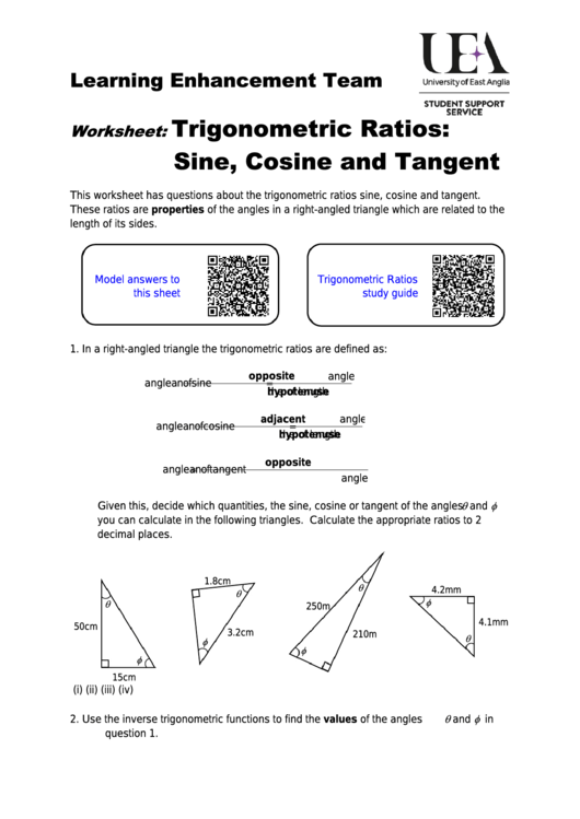 Trigonometric Ratios: Sine, Cosine And Tangent Worksheet Printable pdf
