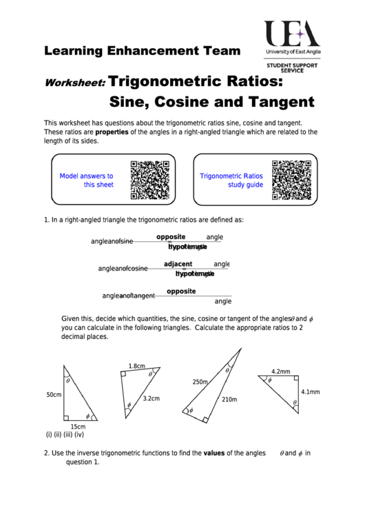 Trigonometric Ratios Sine Cosine And Tangent Worksheet Printable Pdf Download