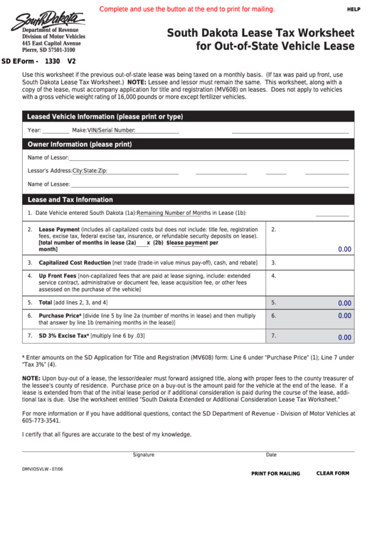 Fillable Form 1330 - South Dakota Lease Tax Worksheet For Out-Of-State Vehicle Lease Printable pdf