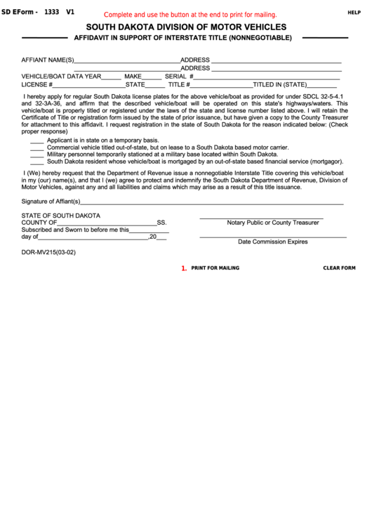 Fillable Form 1333 - South Dakota Division Of Motor Vehicles Printable pdf