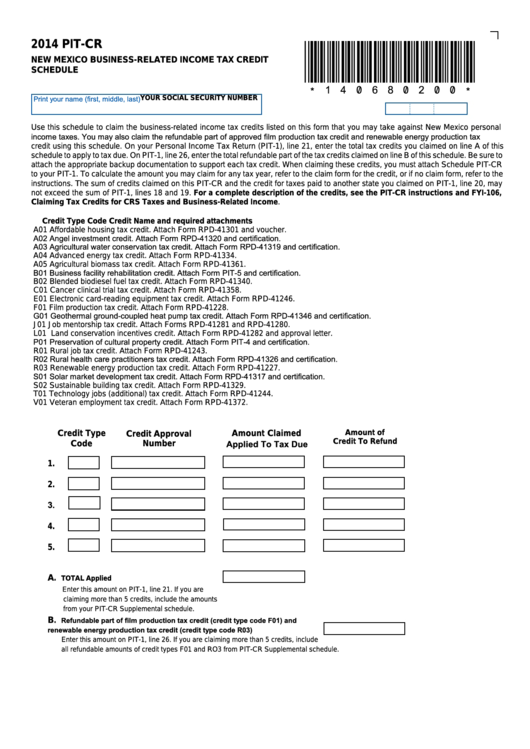 Fillable Form Pit-Cr - New Mexico Business-Related Income Tax Credit Schedule - 2014 Printable pdf