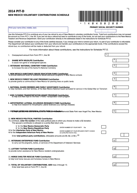 Fillable Form Pit-D - New Mexico Voluntary Contributions Schedule - 2014 Printable pdf