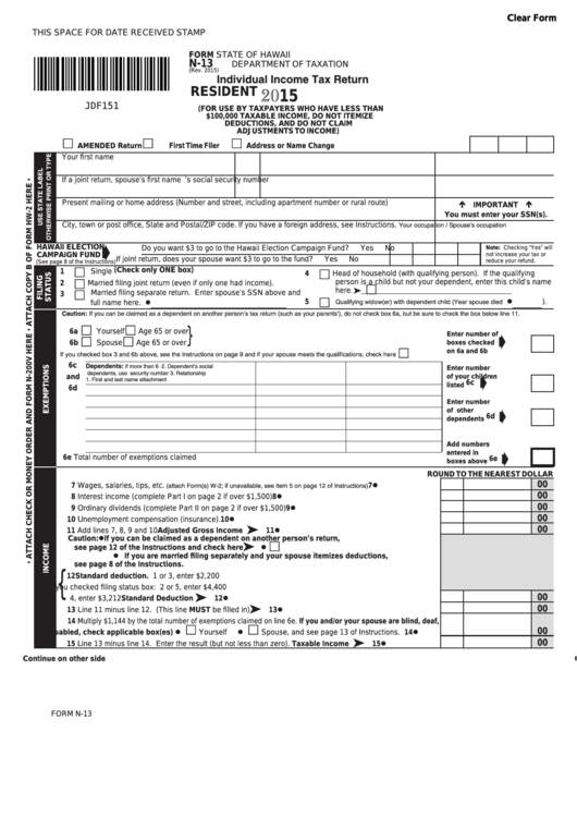 Fillable Form N-13 - Hawaii Individual Income Tax Return Resident - 2015 Printable pdf