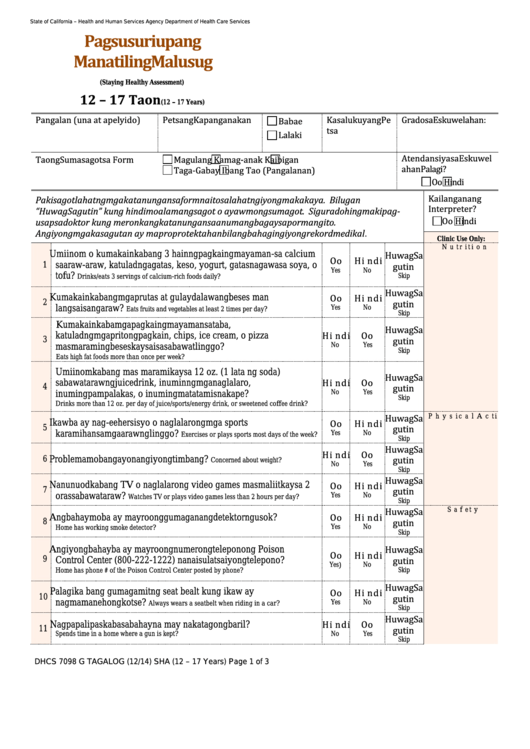 Form Dhcs 7098 - California Staying Healthy Assessment (Tagalog) - Health And Human Services Agency Printable pdf