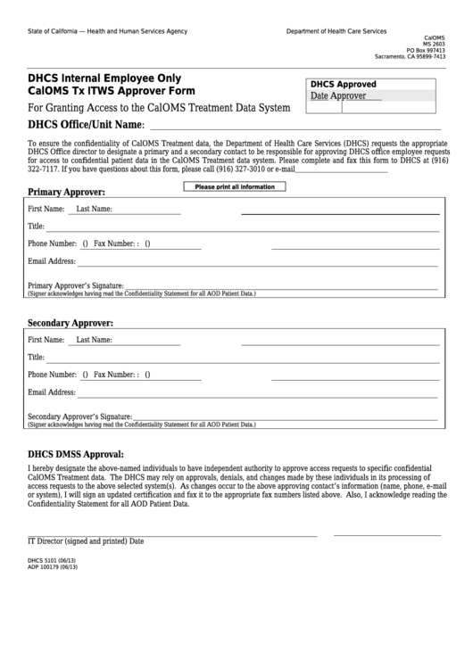 Form Dhcs 5101 - California Dhcs Internal Employee Only Caloms Tx Itws Approver Form - Health And Human Services Agency Printable pdf