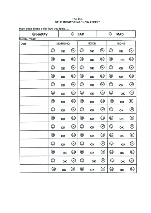 Self-Monitoring How I Feel Chart Template Printable pdf