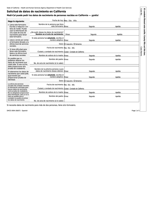 Form Dhcs 0004 - California Request For California Birth Record (Spanish) - Health And Human Services Agency Printable pdf