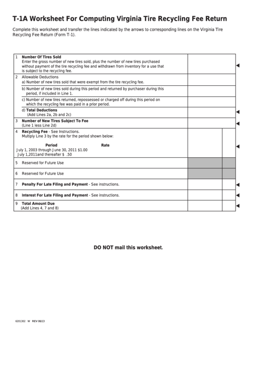 Fillable Form T-1a - Worksheet For Computing Virginia Tire Recycling Fee Return Printable pdf