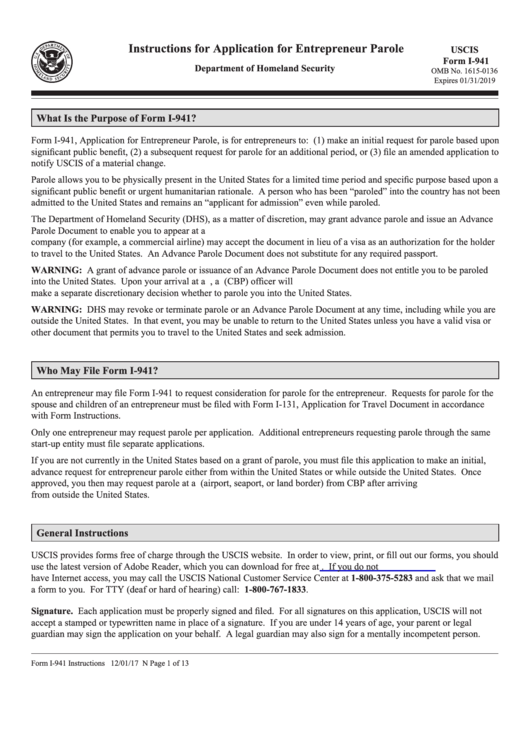 Instructions For Form I-941 - Application For Entrepreneur Parole Printable pdf
