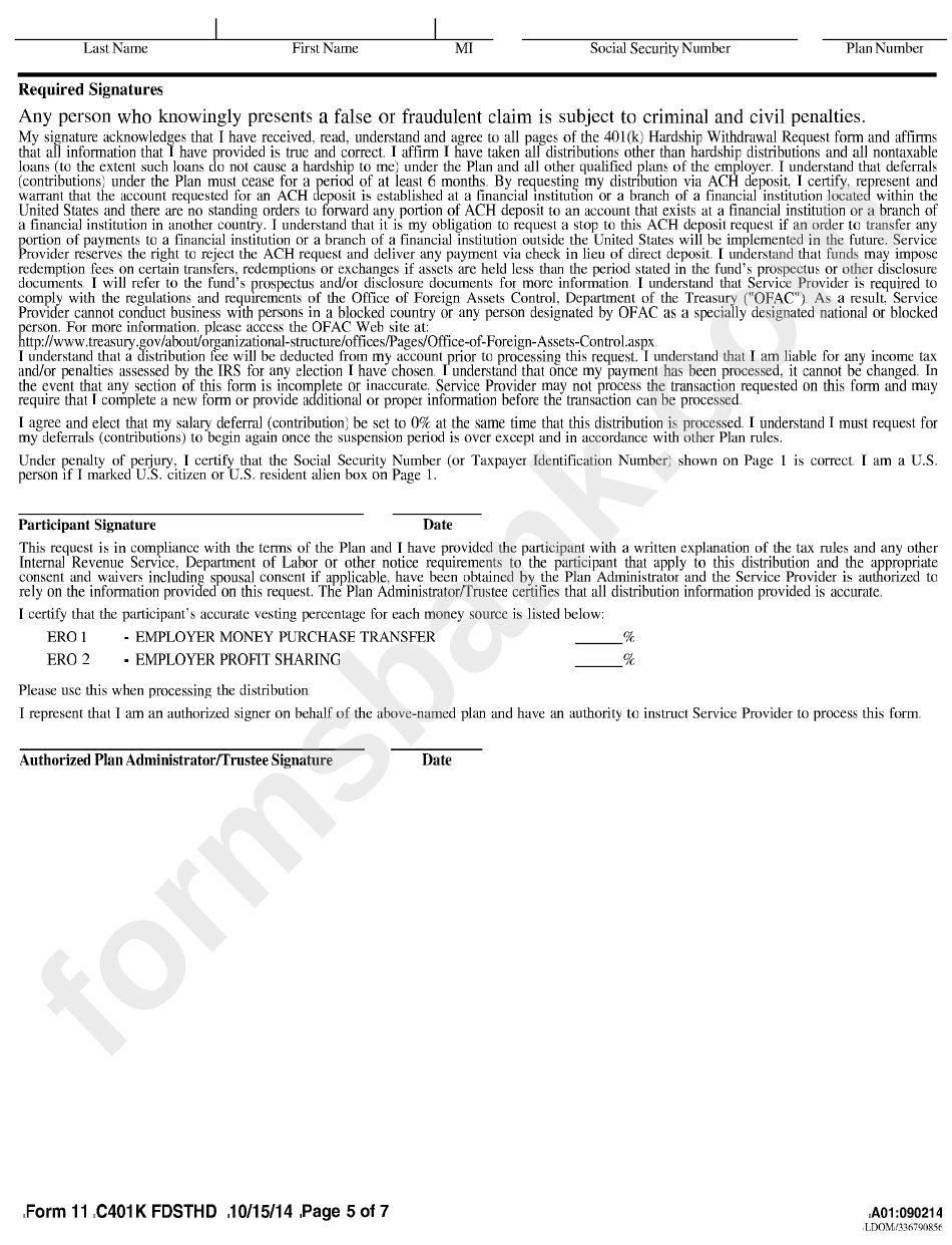 Form 11 - Hardship Withdrawal Request 401(K) Plan