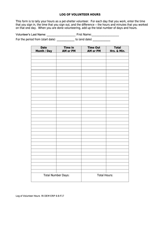 Log Of Volunteer Hours Printable pdf