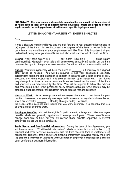 Letter Employment Agreement-Exempt Employee Template Printable pdf