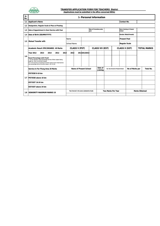 Transfer Application Form For Teachers - District - Punjab School Education Department Printable pdf