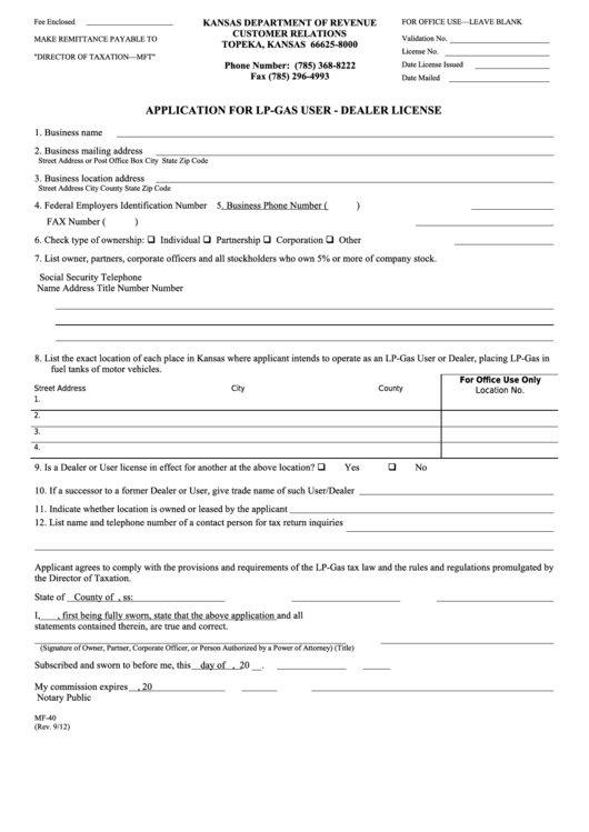 Form Mf-40 - Application For Lp-Gas User - Dealer License Printable pdf