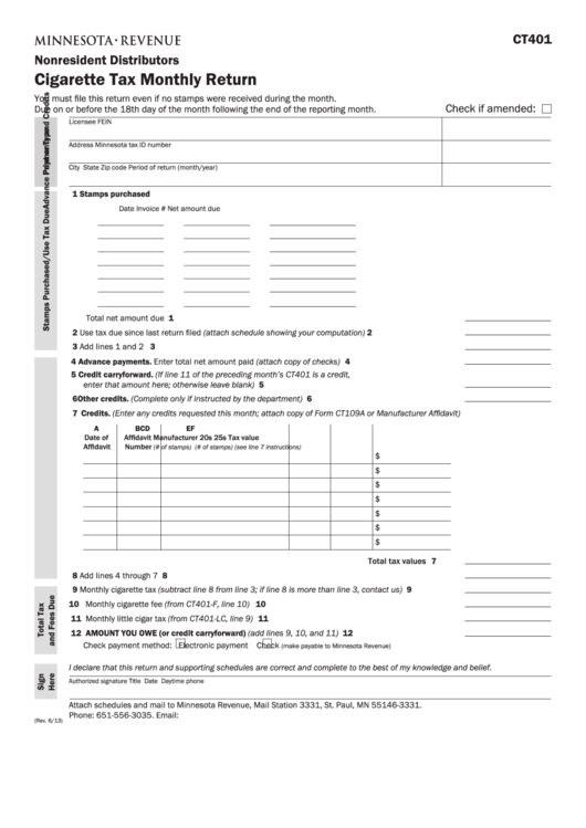 Fillable Form Ct401 - Nonresident Distributors Cigarette Tax Monthly Return Printable pdf