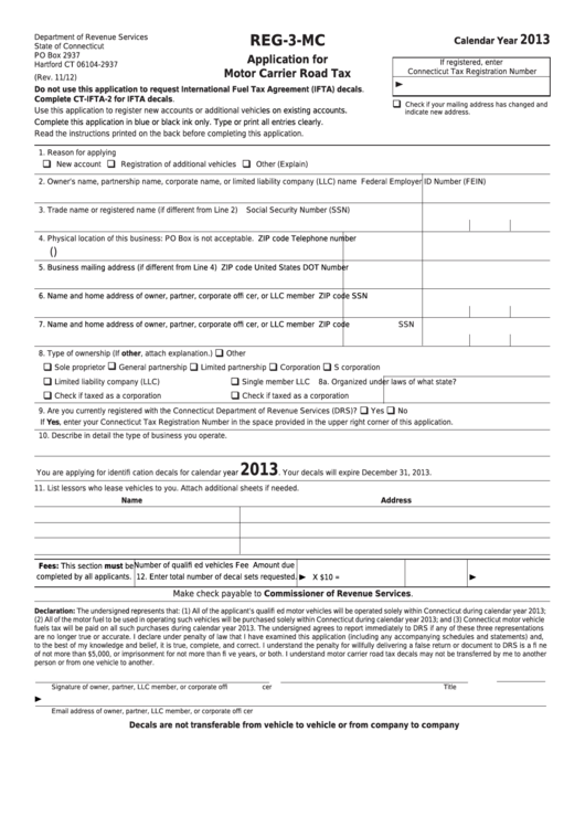 Form Reg-3-Mc - Application For Motor Carrier Road Tax - 2013 Printable pdf