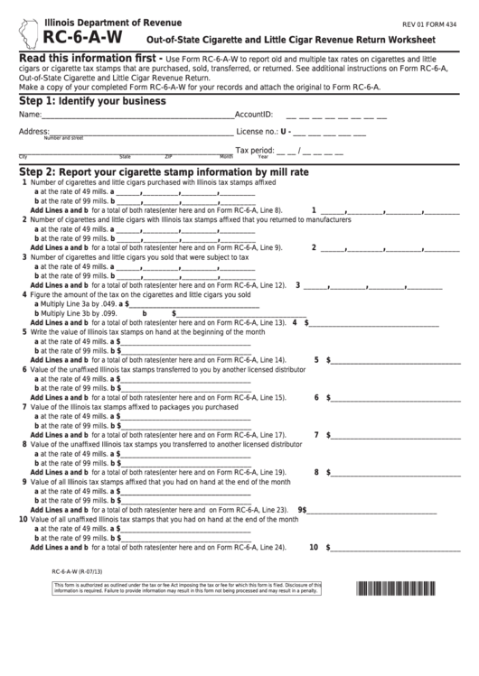 Fillable Form Rc-6-A-W - Out-Of-State Cigarette And Little Cigar Revenue Return Worksheet Printable pdf